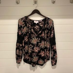 Panhandle Black Paisley Print Long Sleeve Peasant Top | M | Like New!